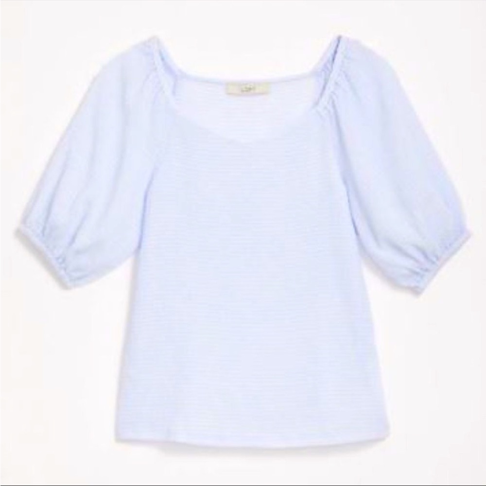 LOFT / Striped Puff Sleeve V-Neck Top / Linen Top